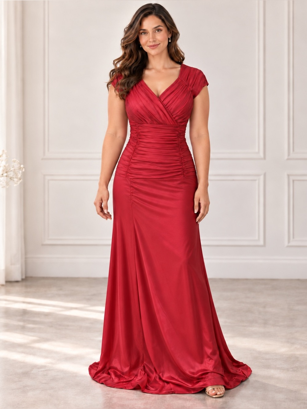 Vintage NWT Jody California Red Sparkle Full Length Gown Size 7/8 Nylon Ruching